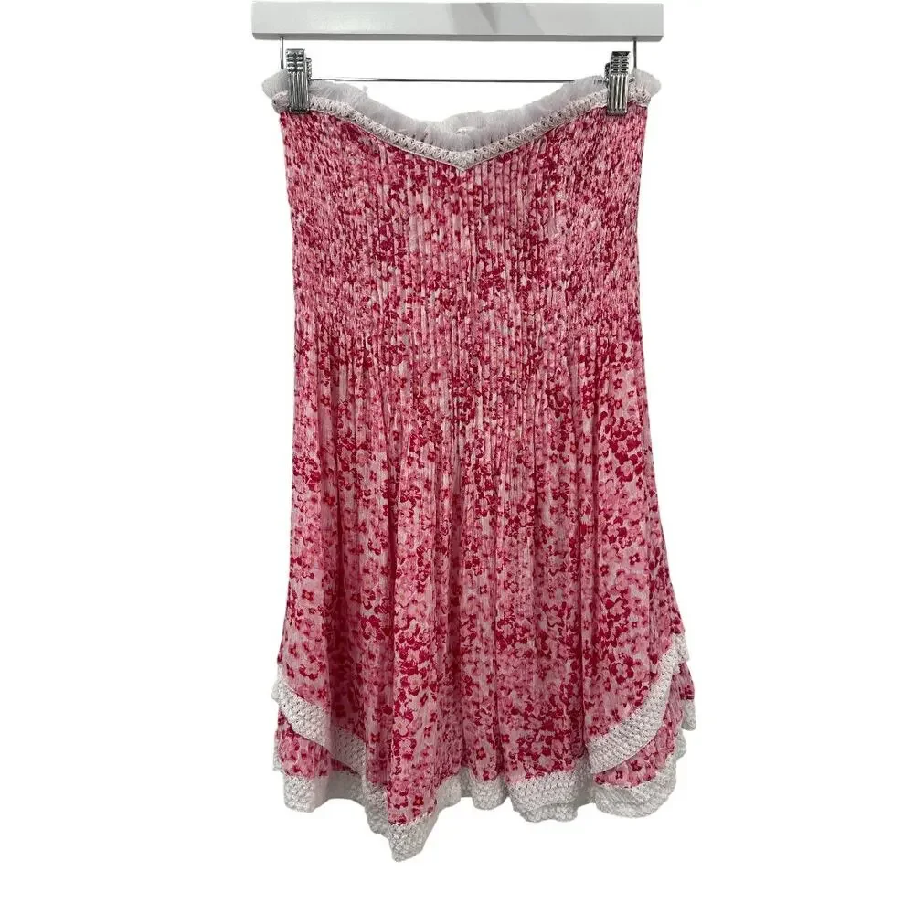 Poupette St Barth Floral Print Strapless Smocked Claire Mini Dress Pink Size S3 - Picture 4 of 8